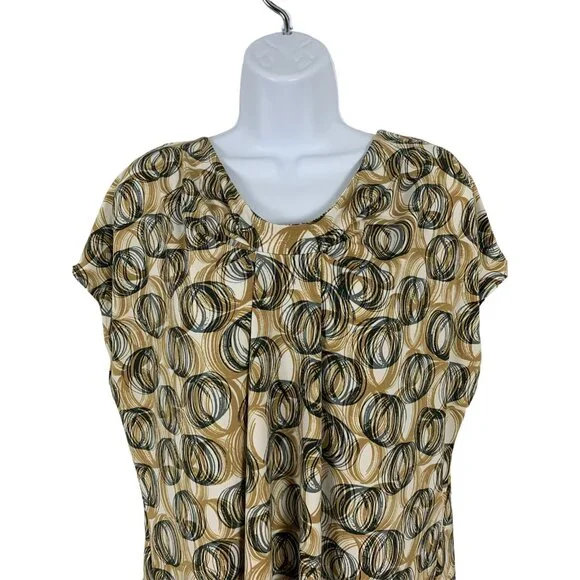 New York & Company Womens Stretch Top Beige & Black Circles Pattern Short Sleeve - Picture 2 of 10